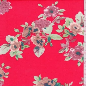 1 7/8 YD PC-Bright Red Floral Double Brushed Jersey Knit Fabric