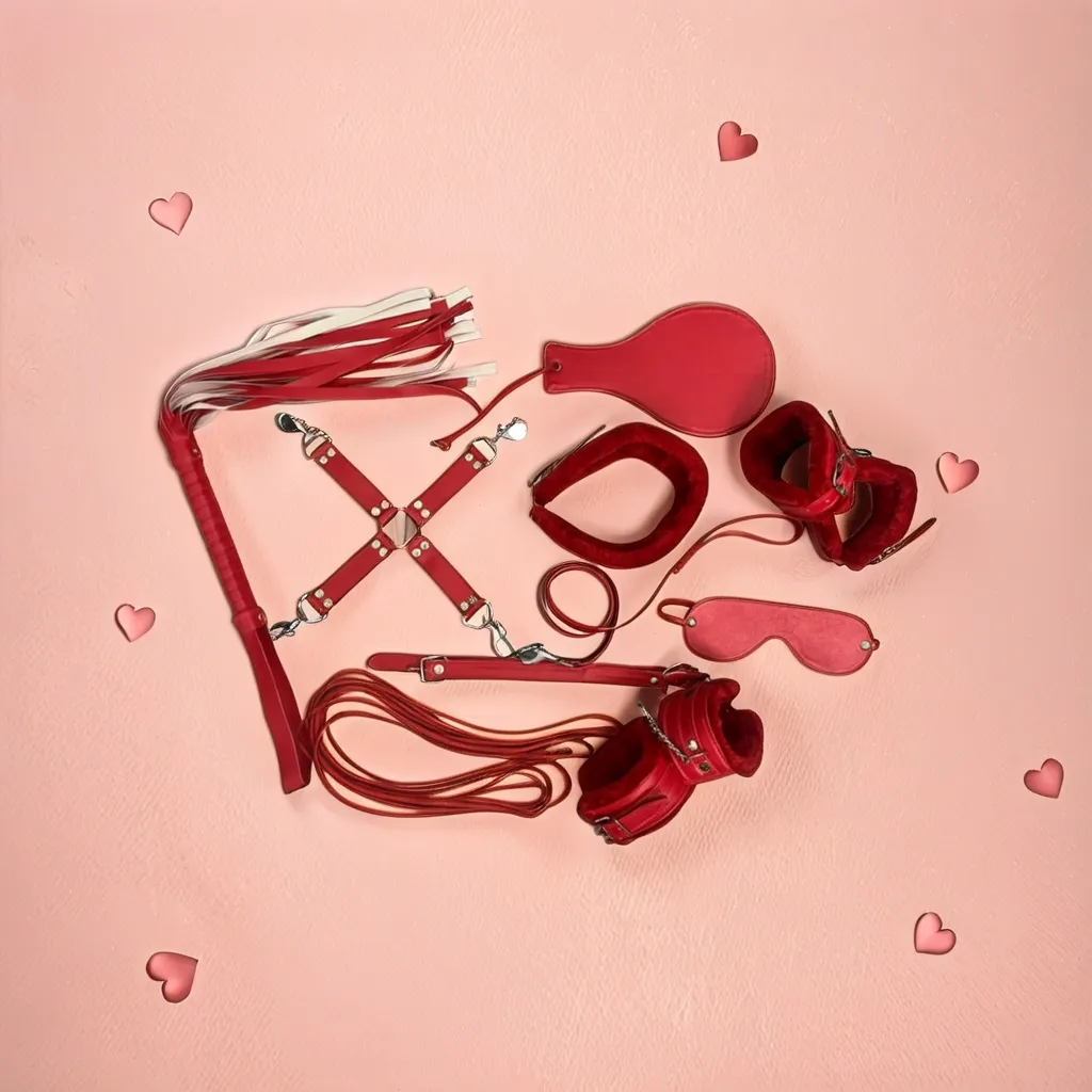 10 PCS RED LEATHER BDSM & BONDAGE KIT