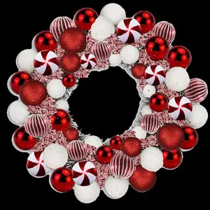 16" Candy Ball Wreath with Battery Powered Pure White LEDs