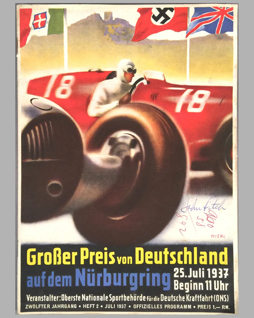 1937 Grand Prix of Germany original race program , autographed by John Fitch