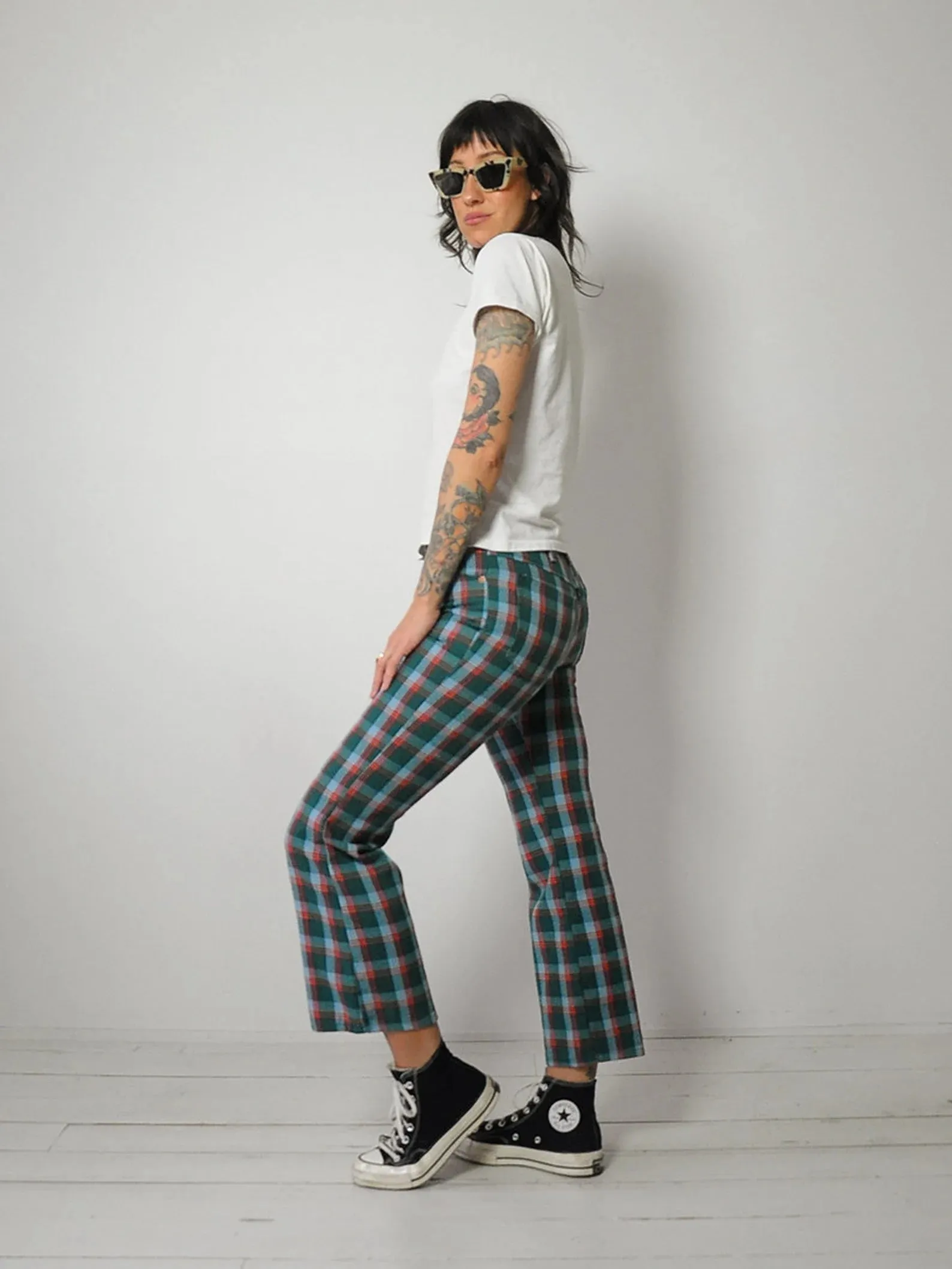 1970's Tartan Plaid Flared Jeans 27x27