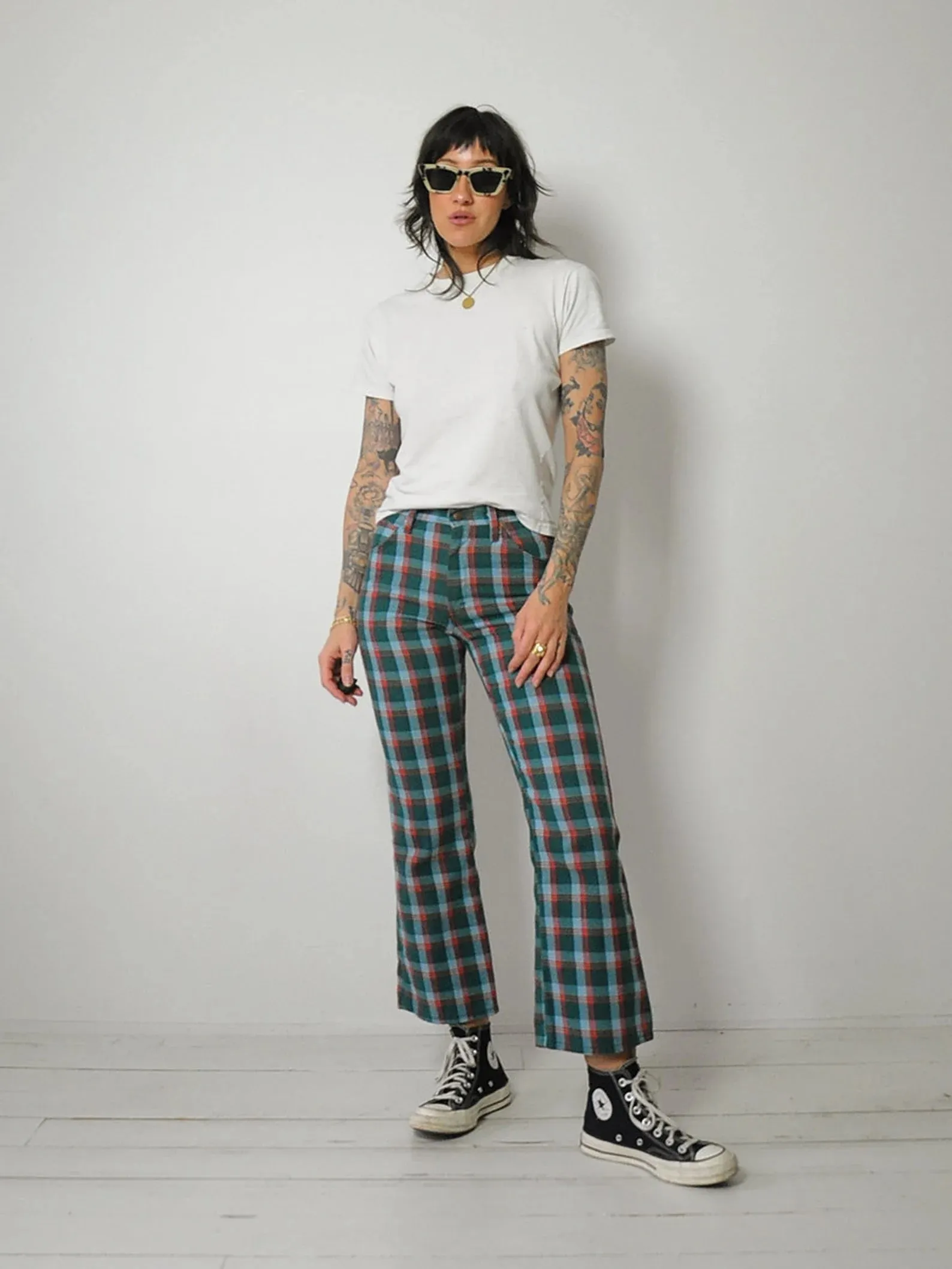 1970's Tartan Plaid Flared Jeans 27x27