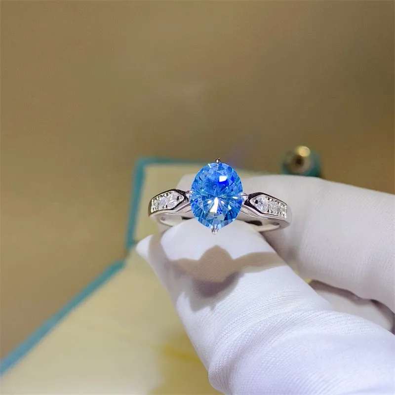 2 Carat Moissanite 925 Sterling Silver Ring Blue