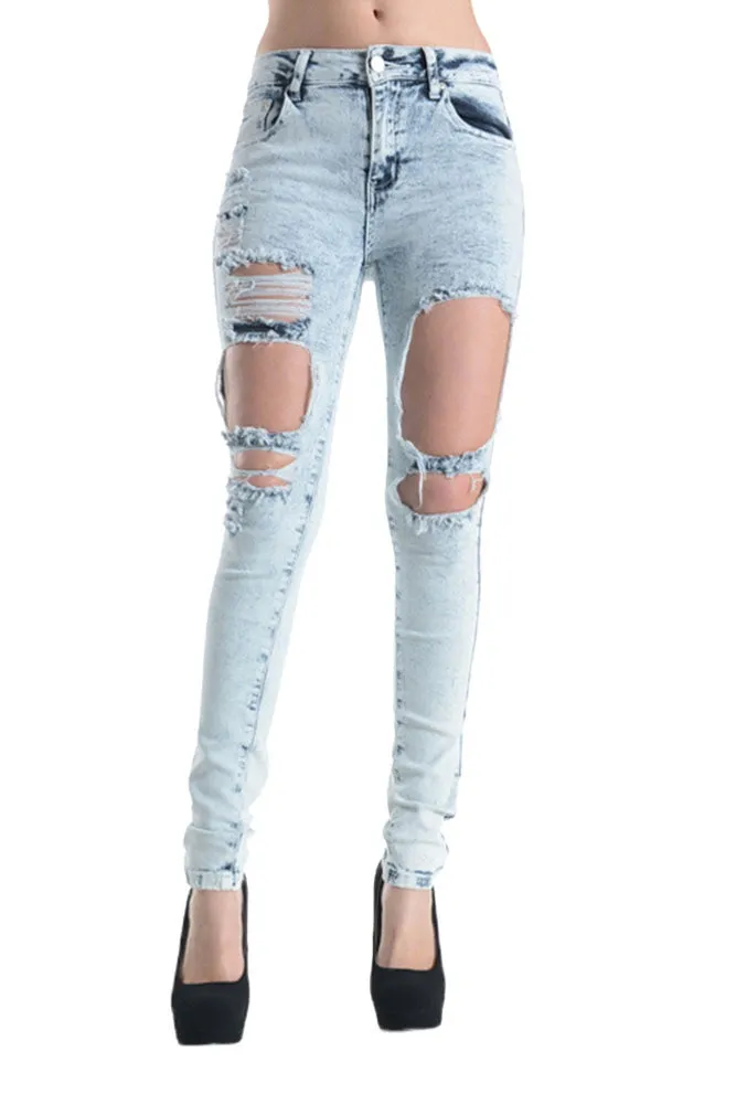 Acid Wash Destroyed Skinny Fit Jeans