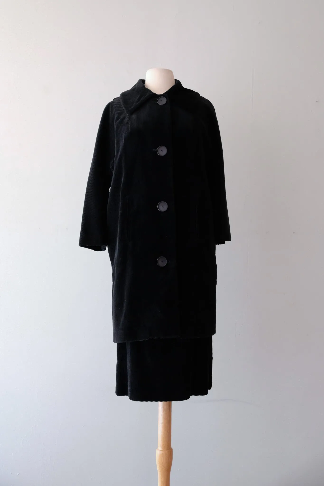 Amazing 1960's Black Corduroy Chore Coat and Skirt Set By Tabak / Sz S