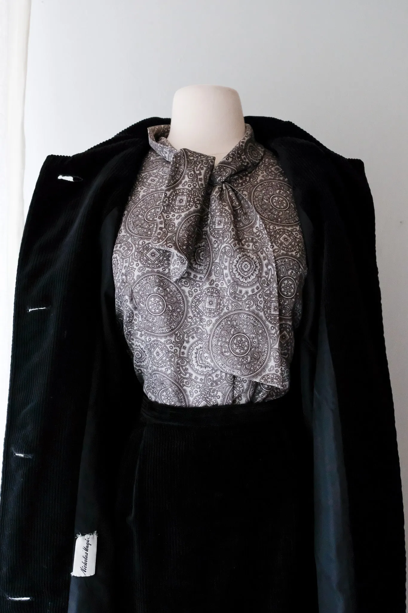 Amazing 1960's Black Corduroy Chore Coat and Skirt Set By Tabak / Sz S