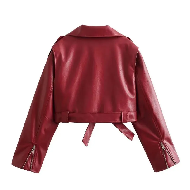 Bandage Red Fashion Zipper Turn Collar Lace Up Winter Street Jacket