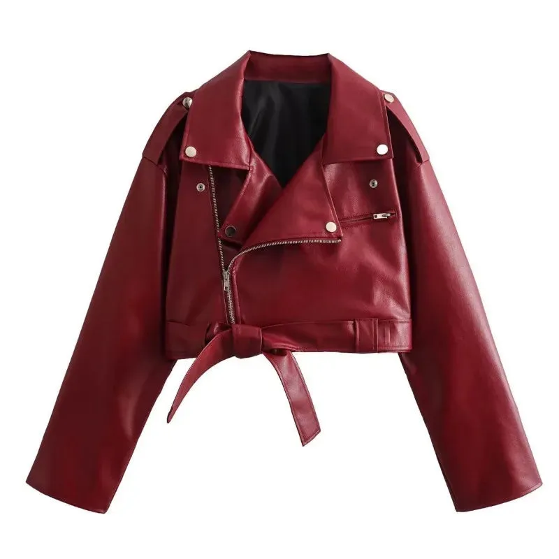 Bandage Red Fashion Zipper Turn Collar Lace Up Winter Street Jacket