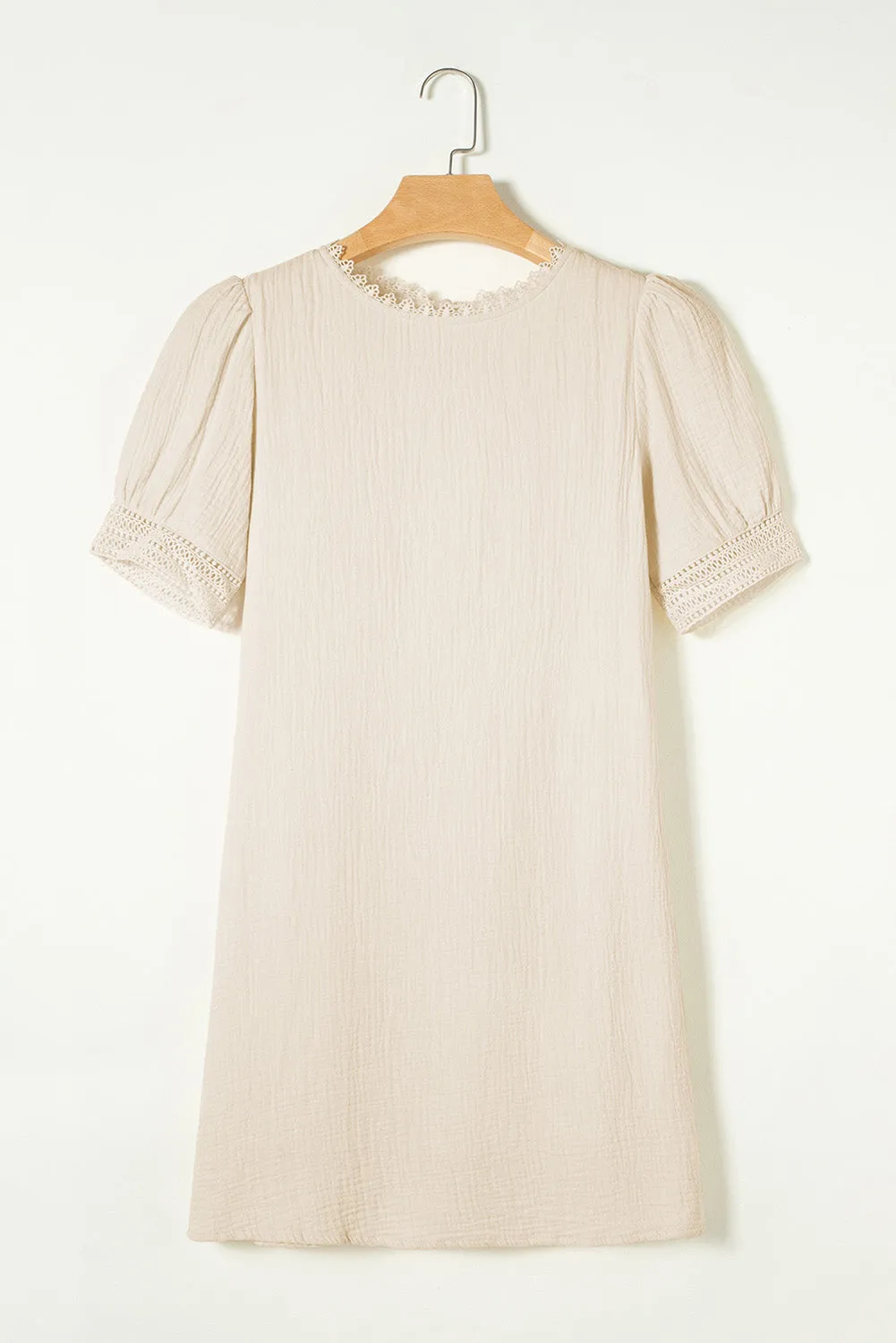 Beige Crinkle Lace Trim Puff Sleeve Shift Mini Dress