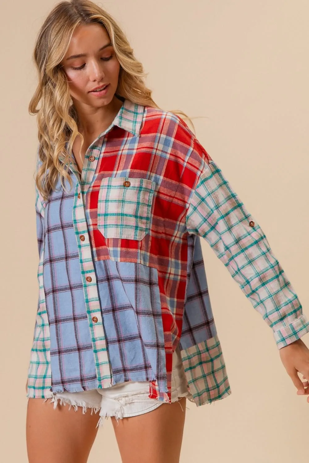 BiBi Color Block Plaid Button Down Shirt