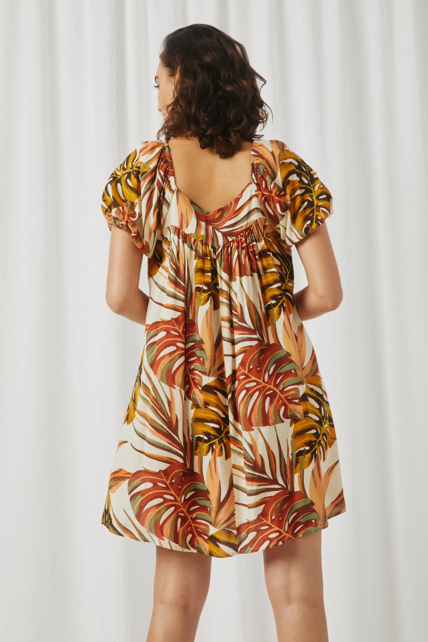 Botanical Print Puff Sleeve Square Neck Dress