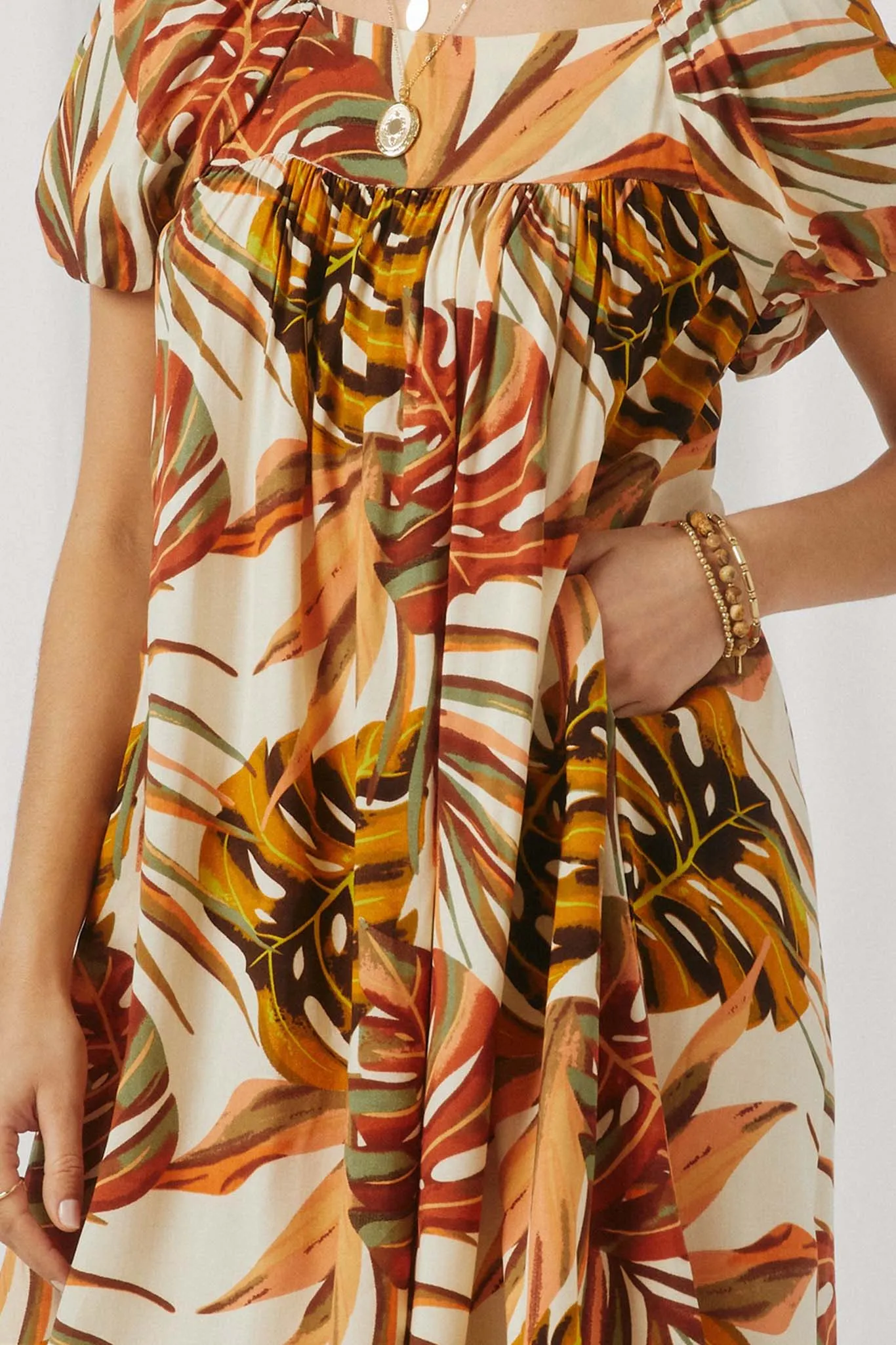 Botanical Print Puff Sleeve Square Neck Dress