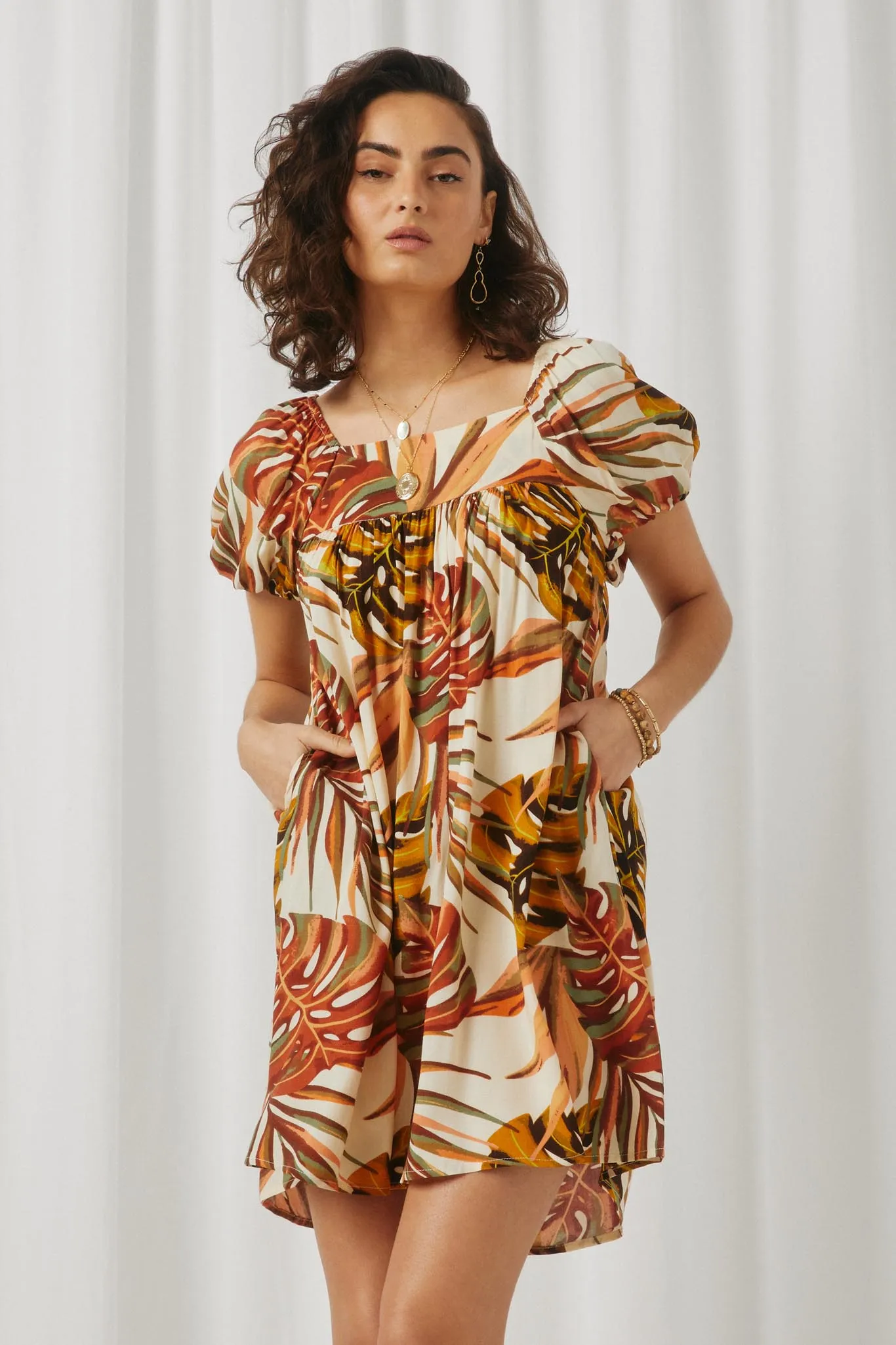 Botanical Print Puff Sleeve Square Neck Dress