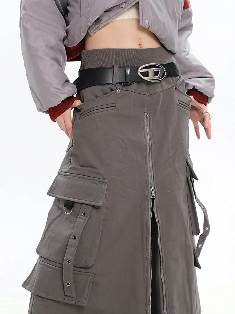 Brianna Solid Color Dark Grey Front Slit Zil Up Cargo Baggy Long Skirt