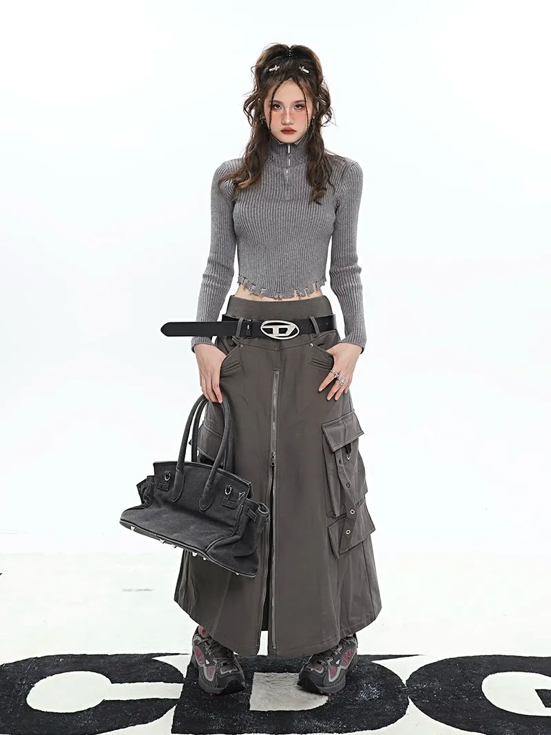 Brianna Solid Color Dark Grey Front Slit Zil Up Cargo Baggy Long Skirt