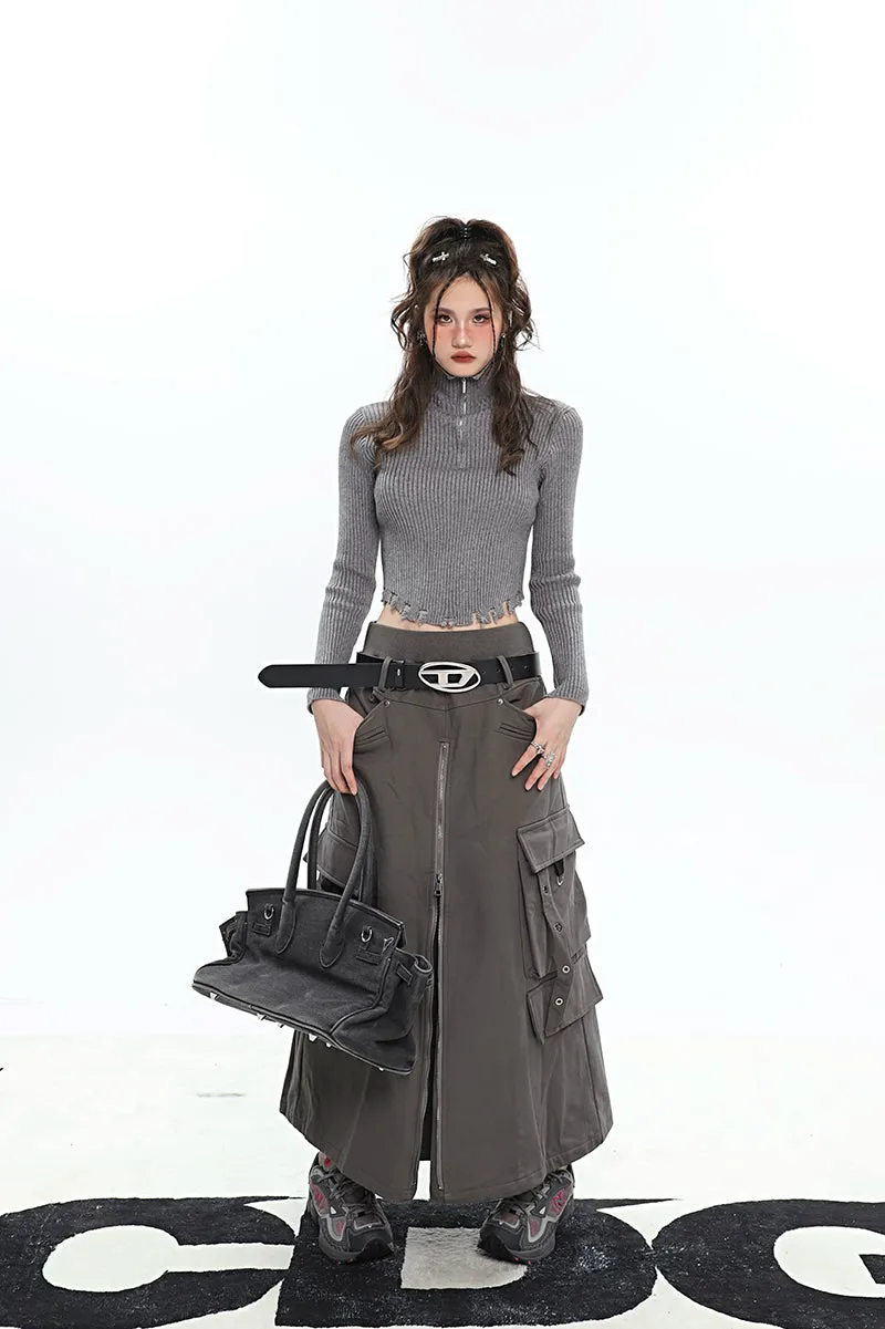 Brianna Solid Color Dark Grey Front Slit Zil Up Cargo Baggy Long Skirt