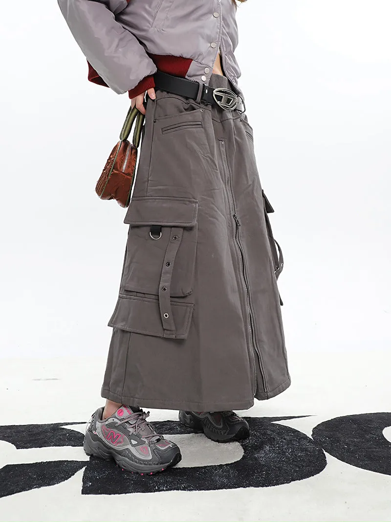 Brianna Solid Color Dark Grey Front Slit Zil Up Cargo Baggy Long Skirt