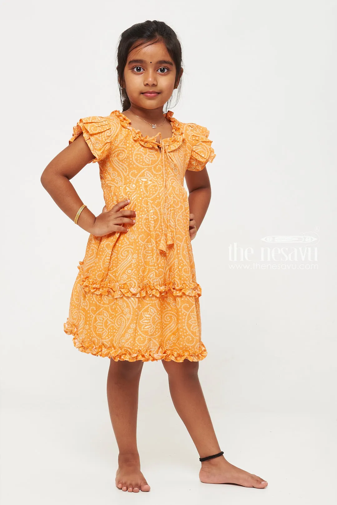 Bright Orange Ruffle Dress with Paisley Pattern for Girls