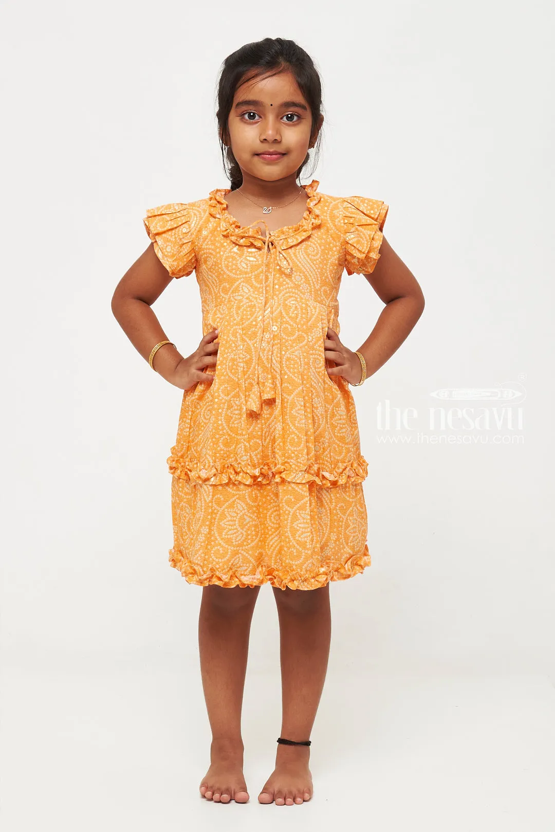 Bright Orange Ruffle Dress with Paisley Pattern for Girls