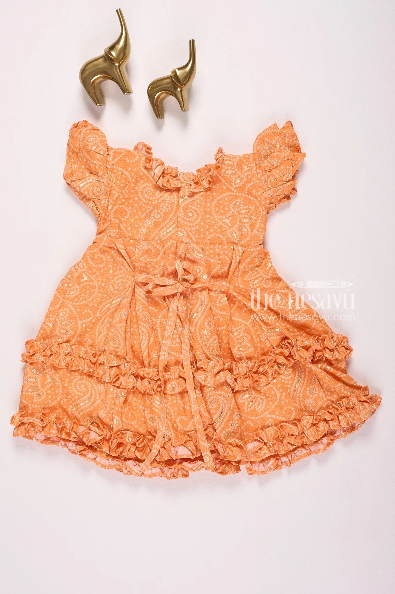 Bright Orange Ruffle Dress with Paisley Pattern for Girls