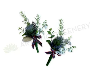 Buttonhole - Scottish Thistle & Guinea Fowl Feather (Product Code: BH006 Robyn)