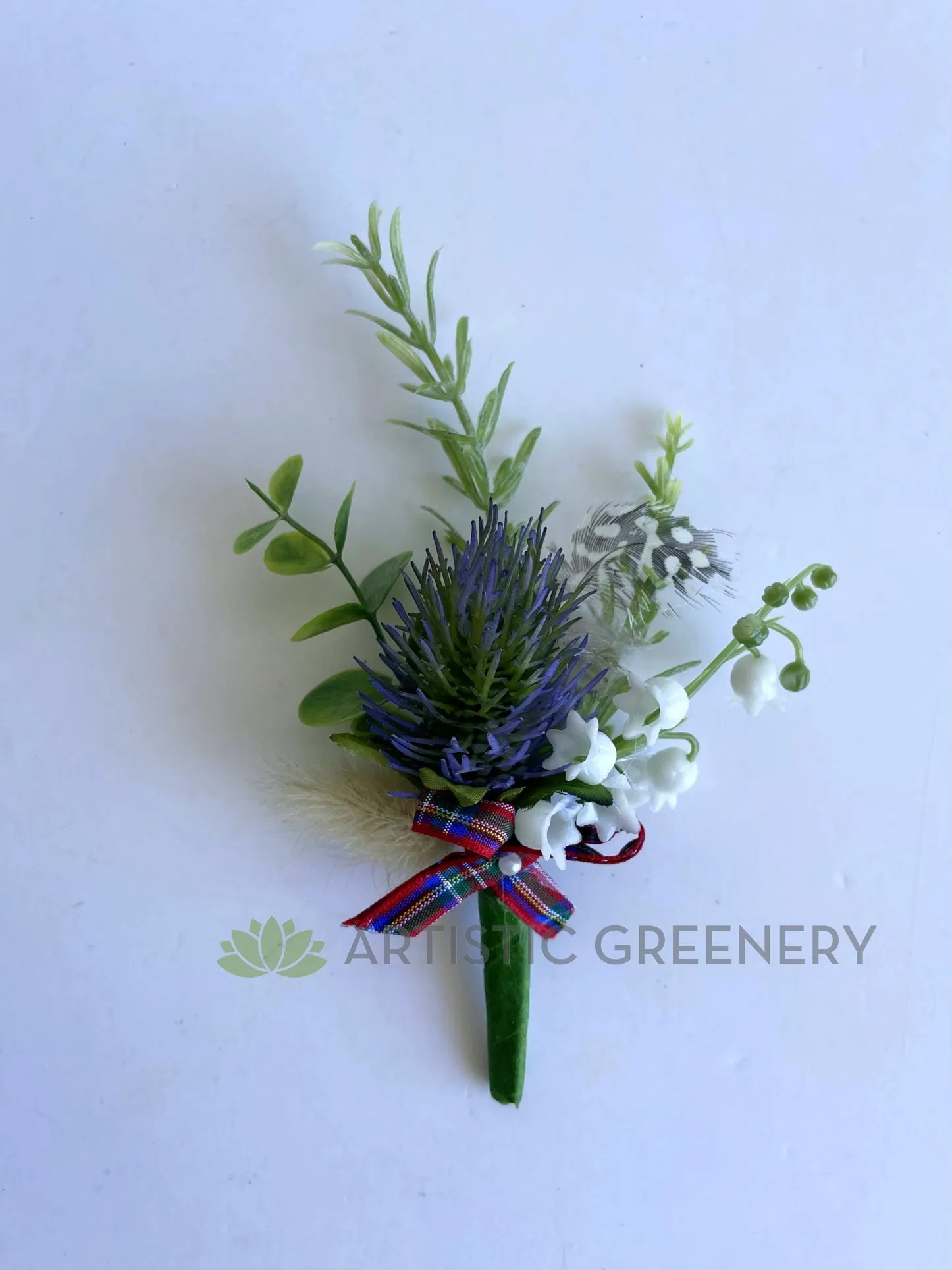 Buttonhole - Scottish Thistle & Guinea Fowl Feather (Product Code: BH006 Robyn)