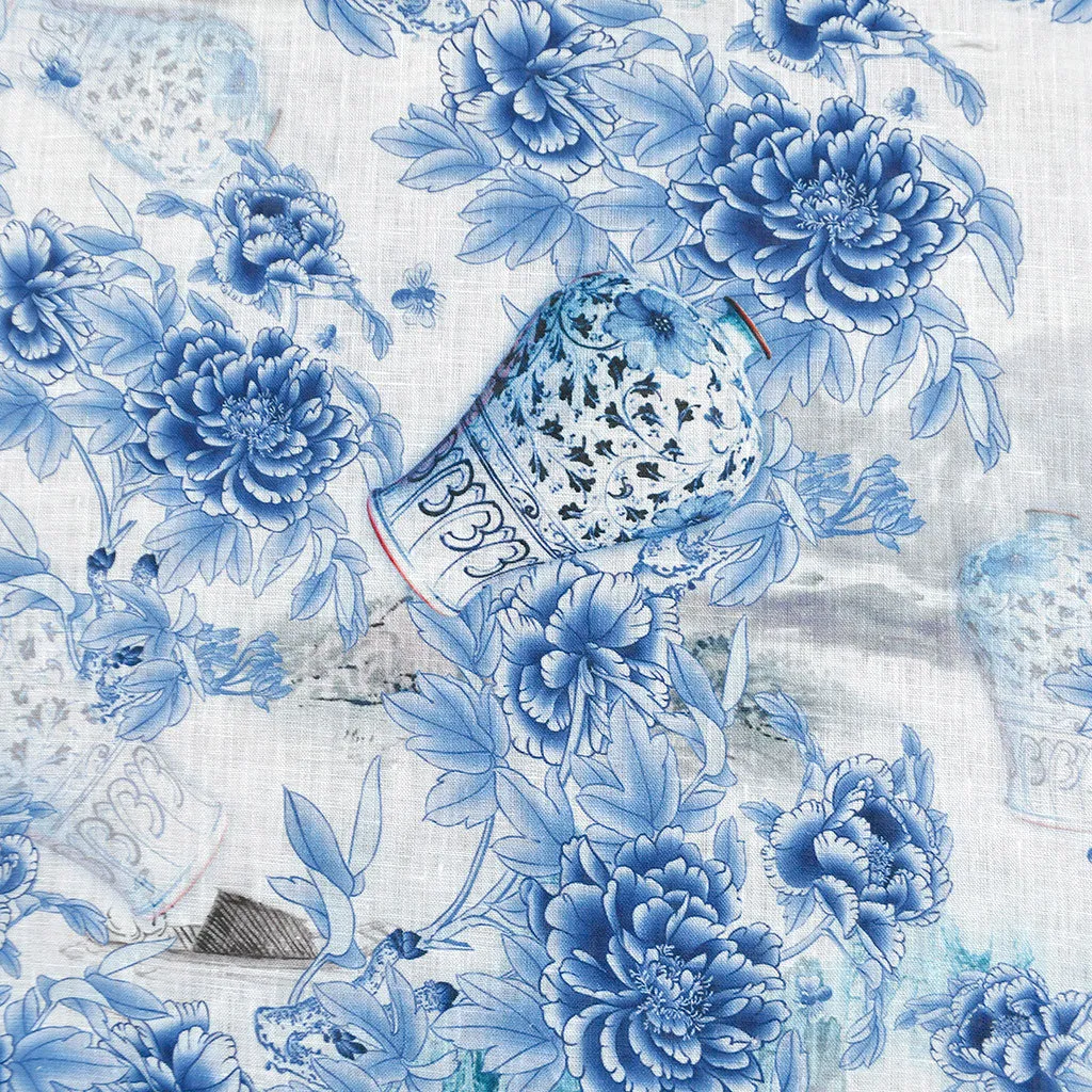 Ceramic Floral Digital Print Linen Shirting Blue