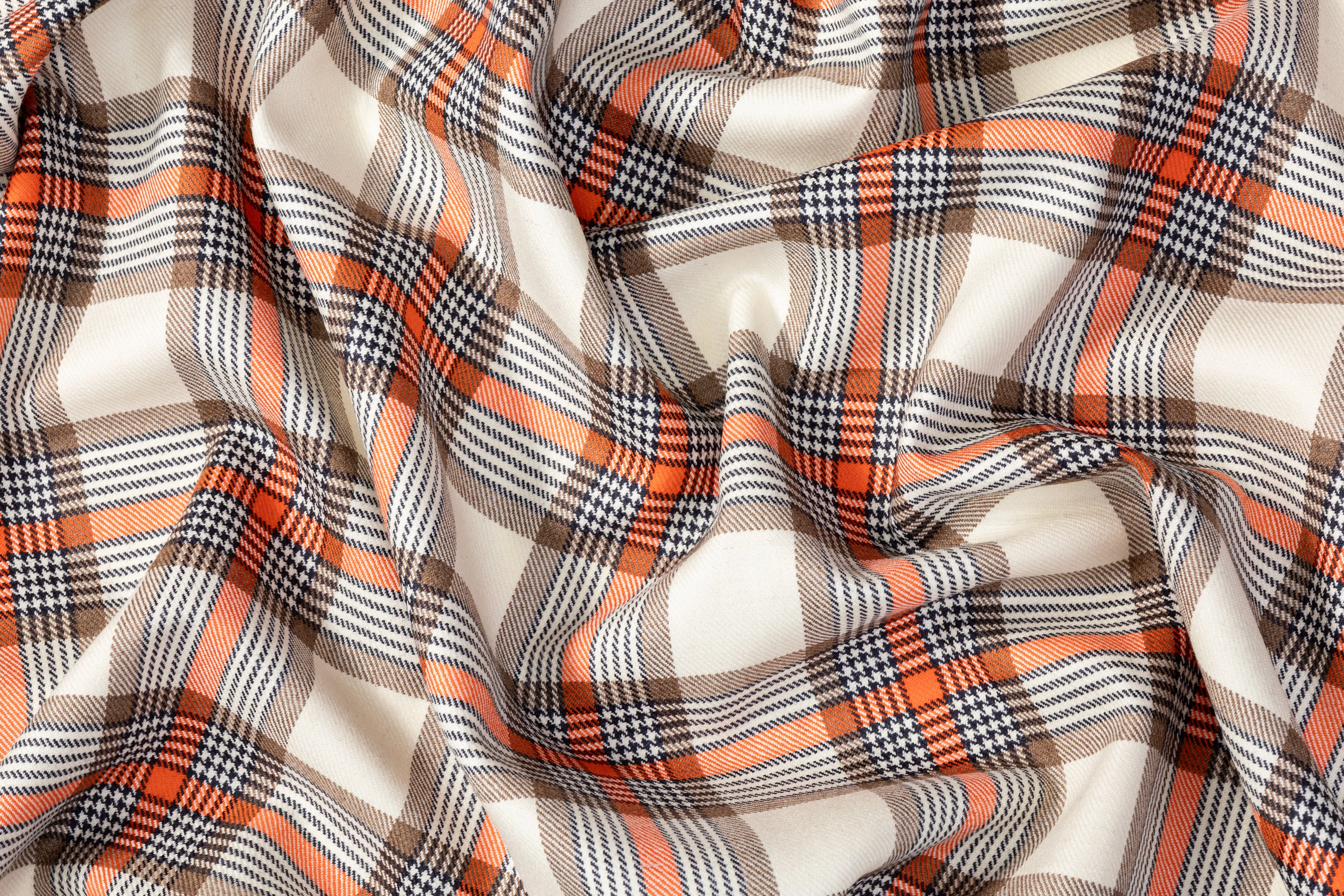 Checked Italian Wool Suiting - Orange / Brown / Ivory