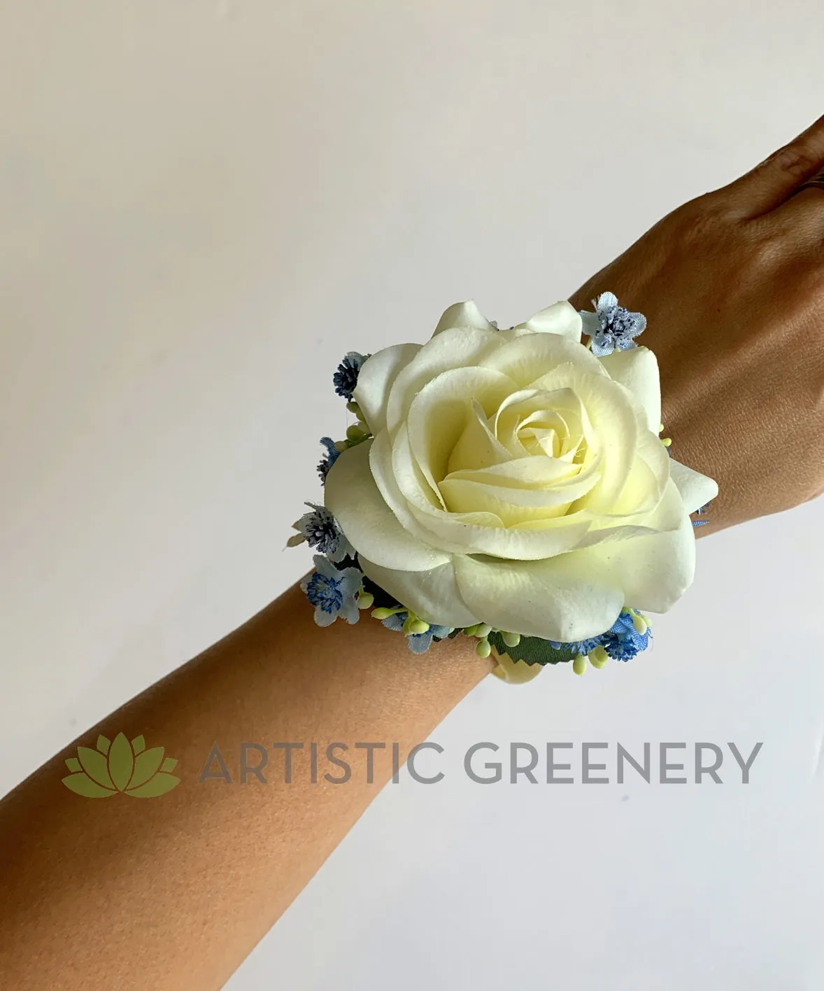 Corsage & Buttonhole - White Rose with Blue Baby's Breath - CB0036Blue - $53/set