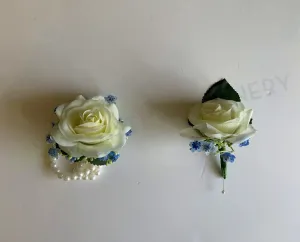 Corsage & Buttonhole - White Rose with Blue Baby's Breath - CB0036Blue - $53/set