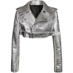 Cropped Metallic Silver Croc Jacket