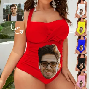 Custom Big Face Multiple Colors Women's Ruched Push Up Halter Swimsuit Personalized One Piece Bathing Suits