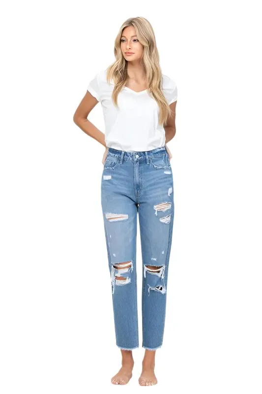 Distressed Raw hem Mom Jeans by VERVET Flying Monkey