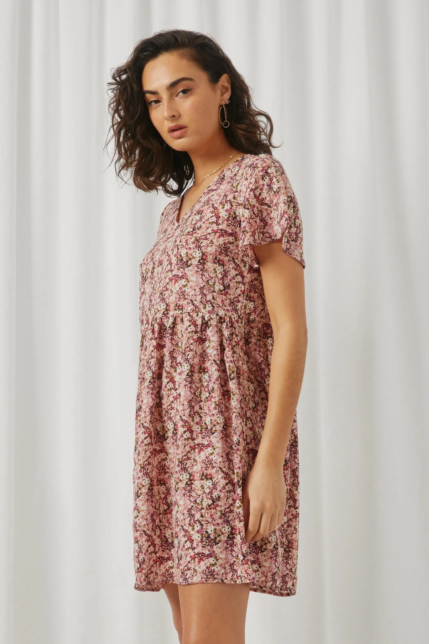 Ditsy Floral V Neck Flutter Sleeve Dress