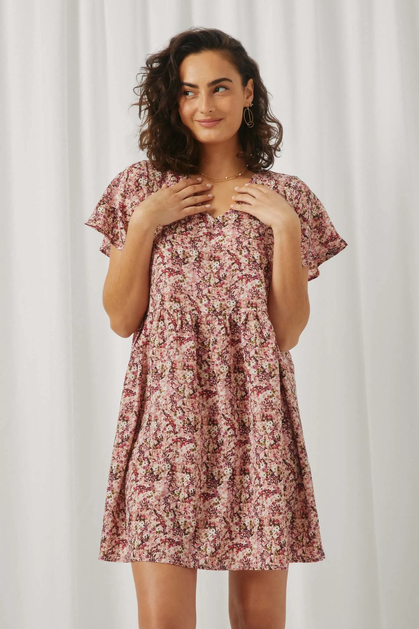 Ditsy Floral V Neck Flutter Sleeve Dress