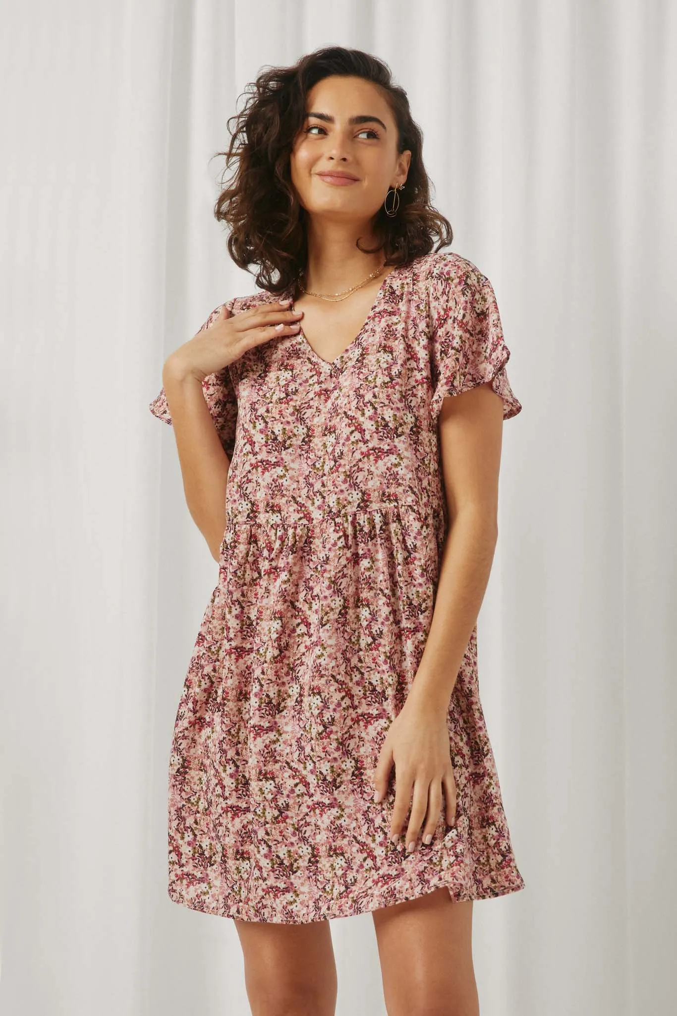 Ditsy Floral V Neck Flutter Sleeve Dress