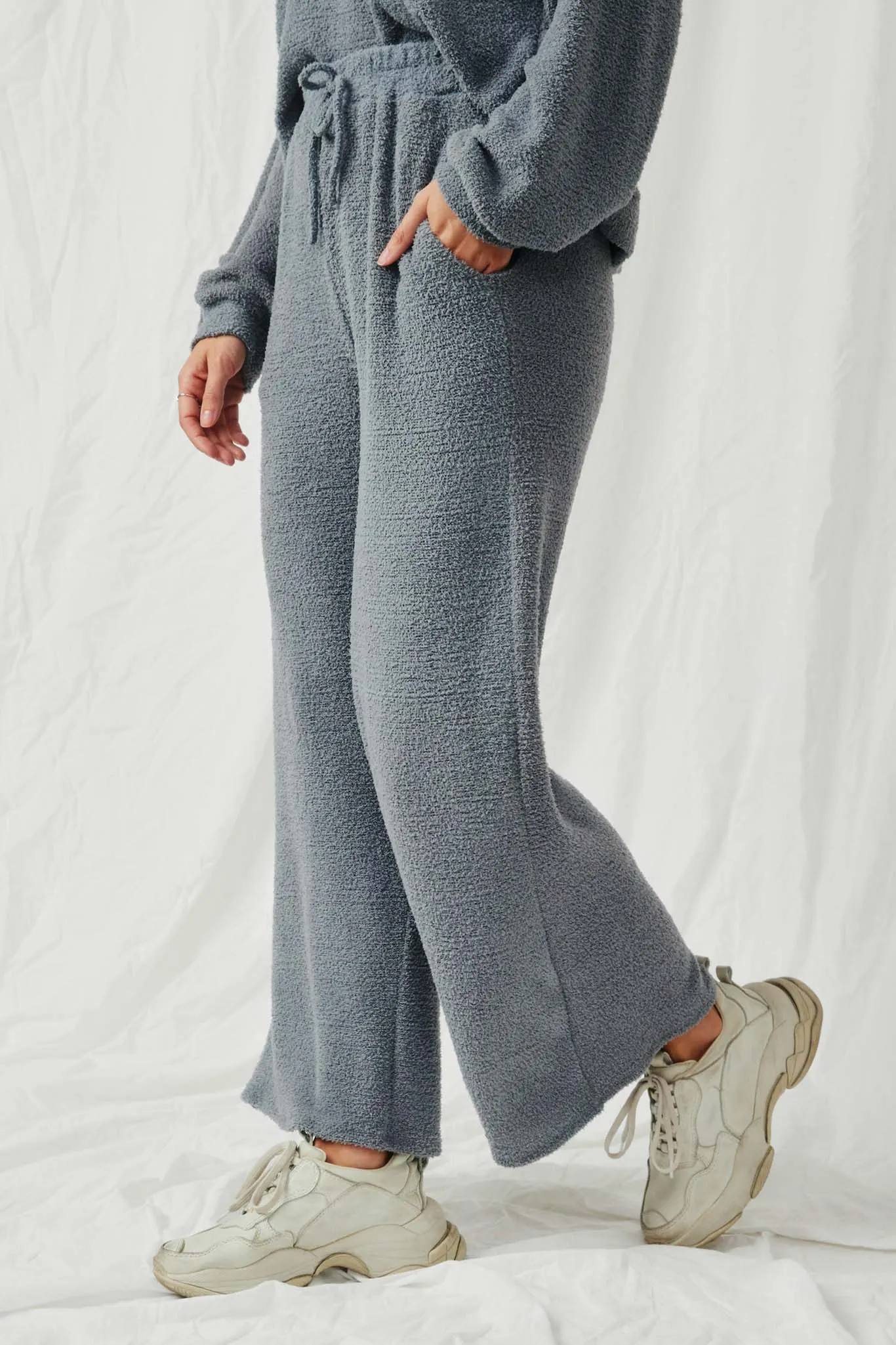 Elastic Waist Drawstring Wideleg Fleece Pants