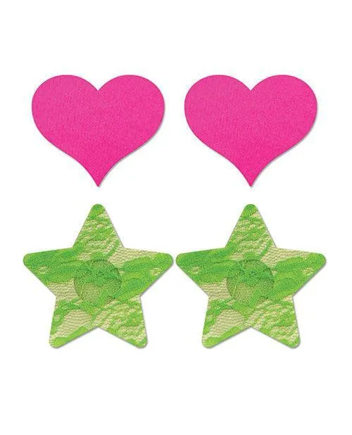 Fantasy Uv Reactive Neon Heart & Lace Star Pasties - Pink & Green O-s Pack  Of 2