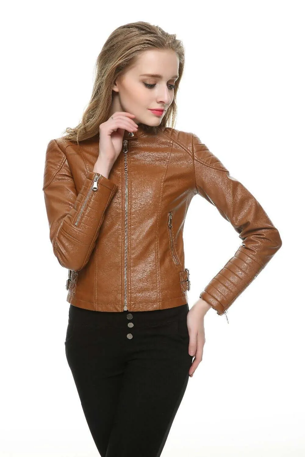 Faux Leather Biker Jacket in Brown or Black