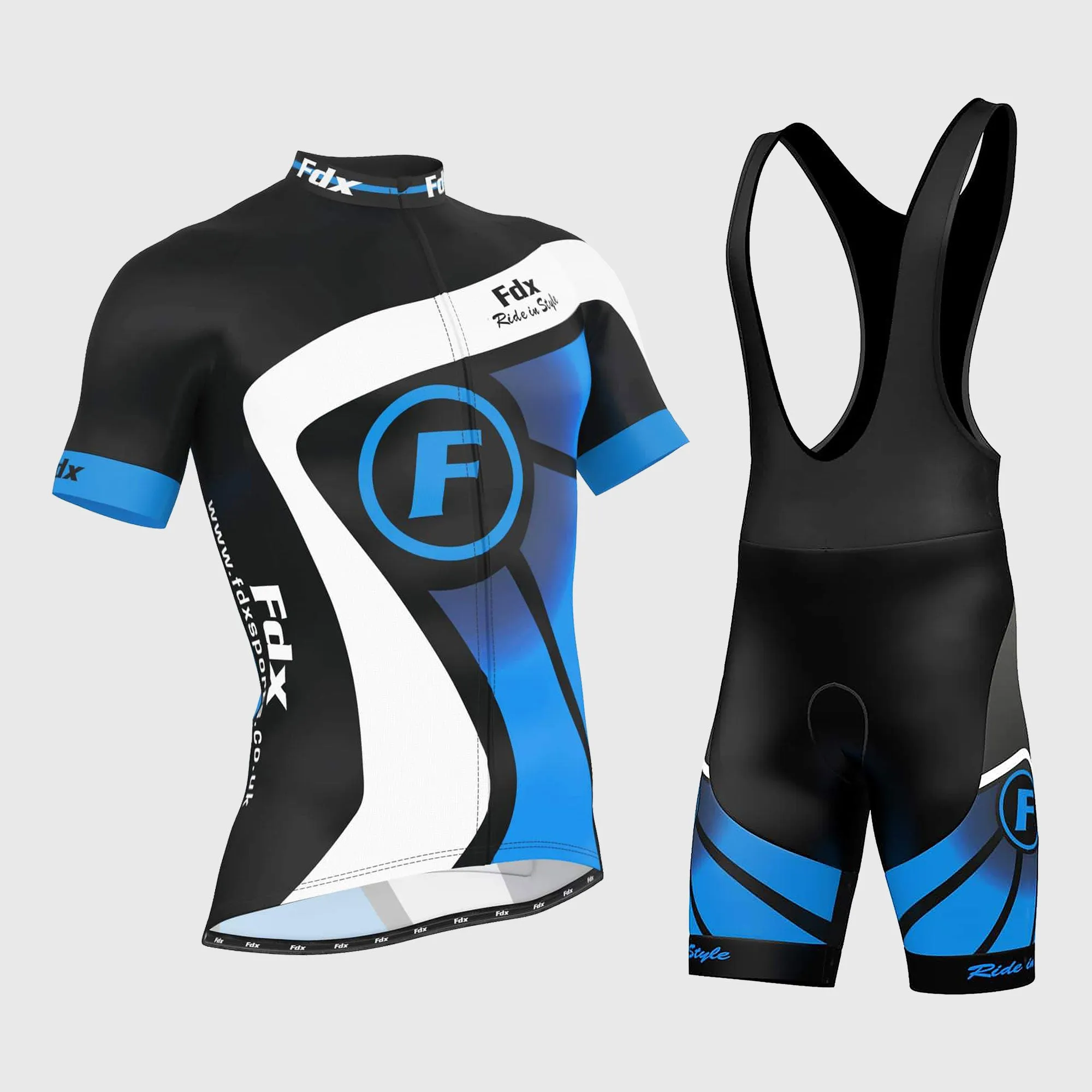 Fdx Men's & Boy's Set Signature Blue Short Sleeve Summer Cycling Jersey & Bib Shorts