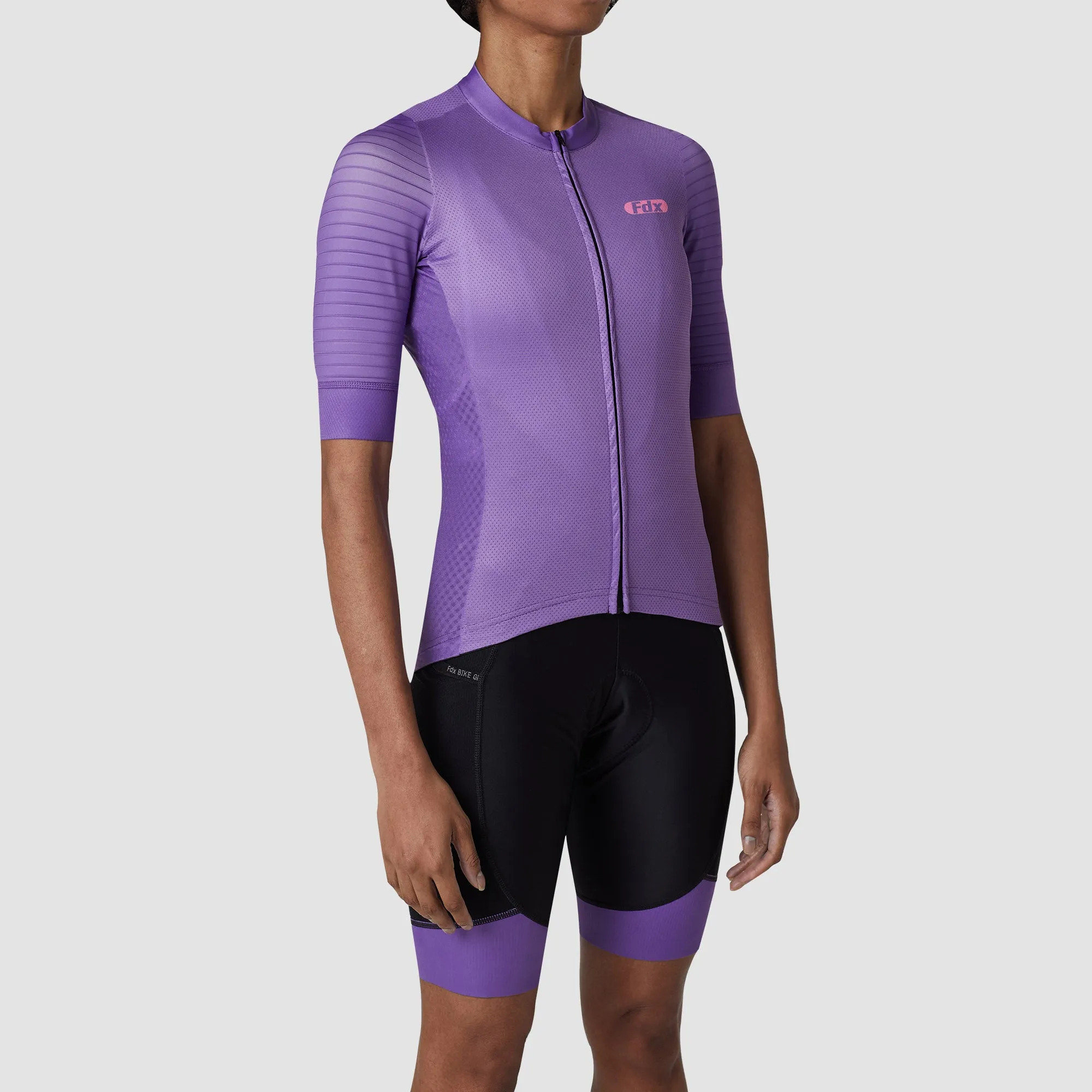 Fdx Women's & Girl's Set Essential Purple Short Sleeve Cycling Jersey & Cargo Bib Shorts