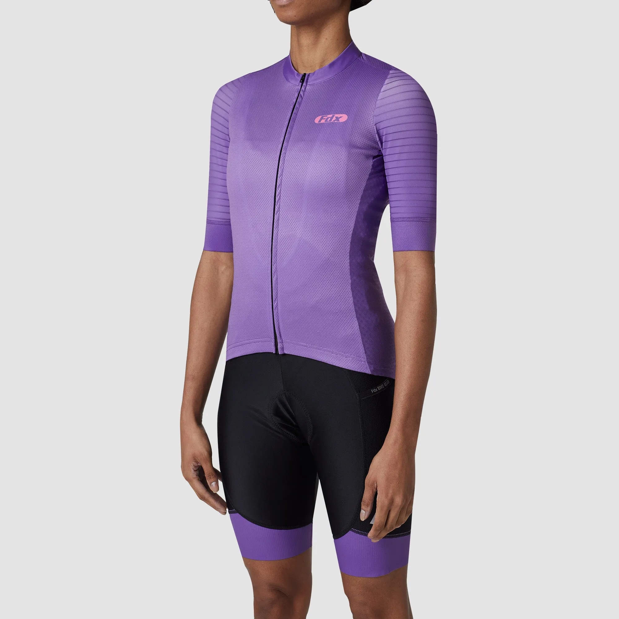 Fdx Women's & Girl's Set Essential Purple Short Sleeve Cycling Jersey & Cargo Bib Shorts