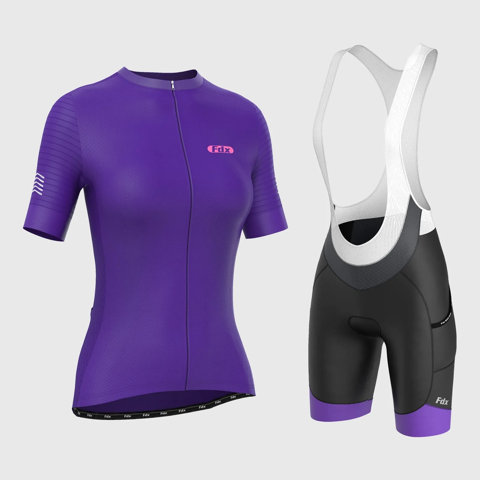 Fdx Women's & Girl's Set Essential Purple Short Sleeve Cycling Jersey & Cargo Bib Shorts