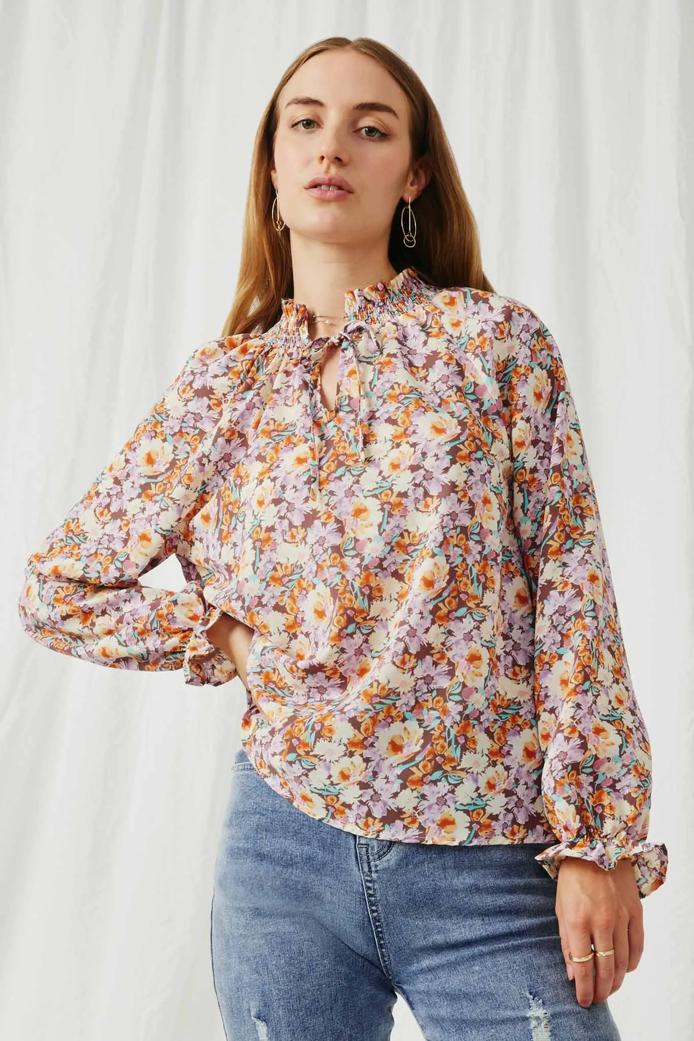 Floral Cinch Cuff Smock Collar Tie Front Top