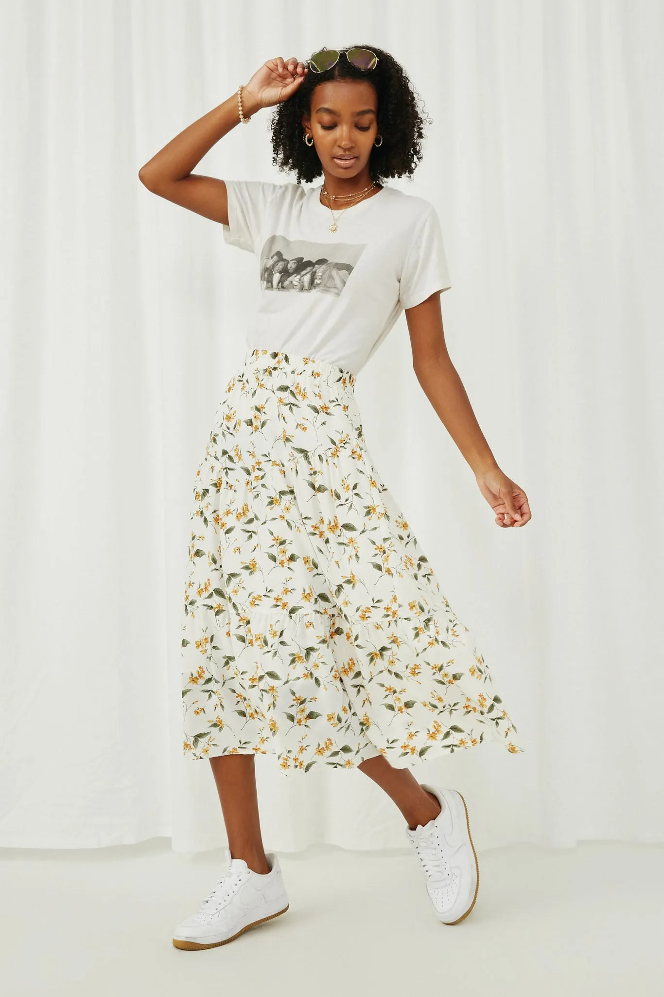 Floral Elastic Waist Midi Skirt