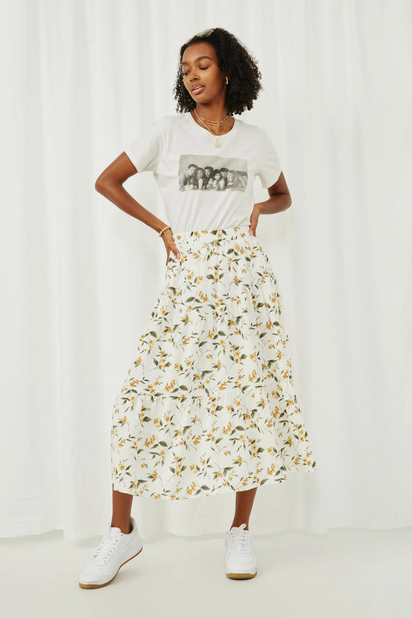 Floral Elastic Waist Midi Skirt