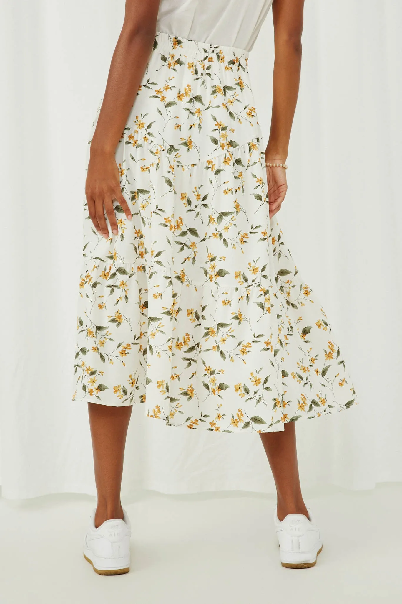 Floral Elastic Waist Midi Skirt