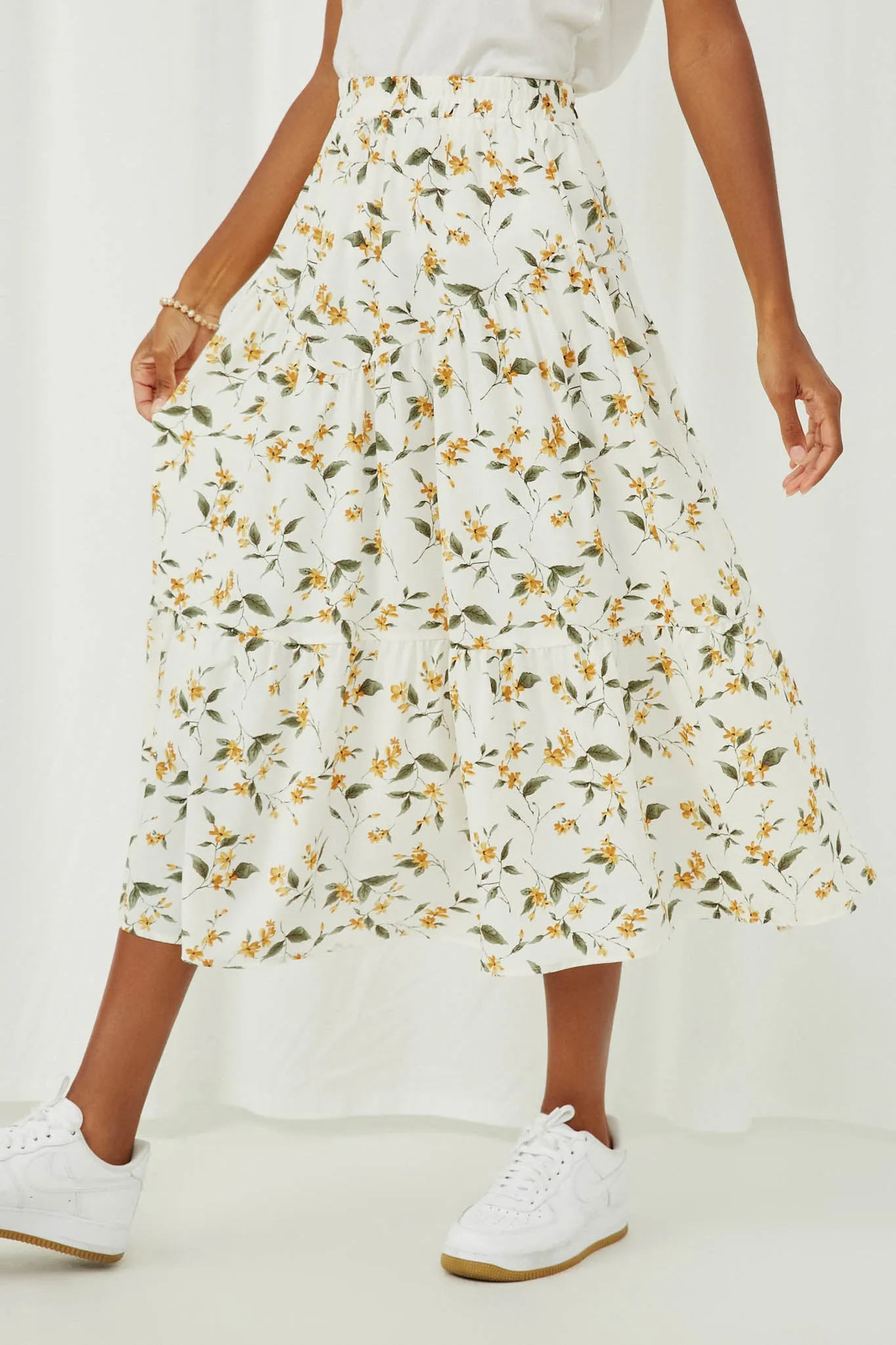 Floral Elastic Waist Midi Skirt