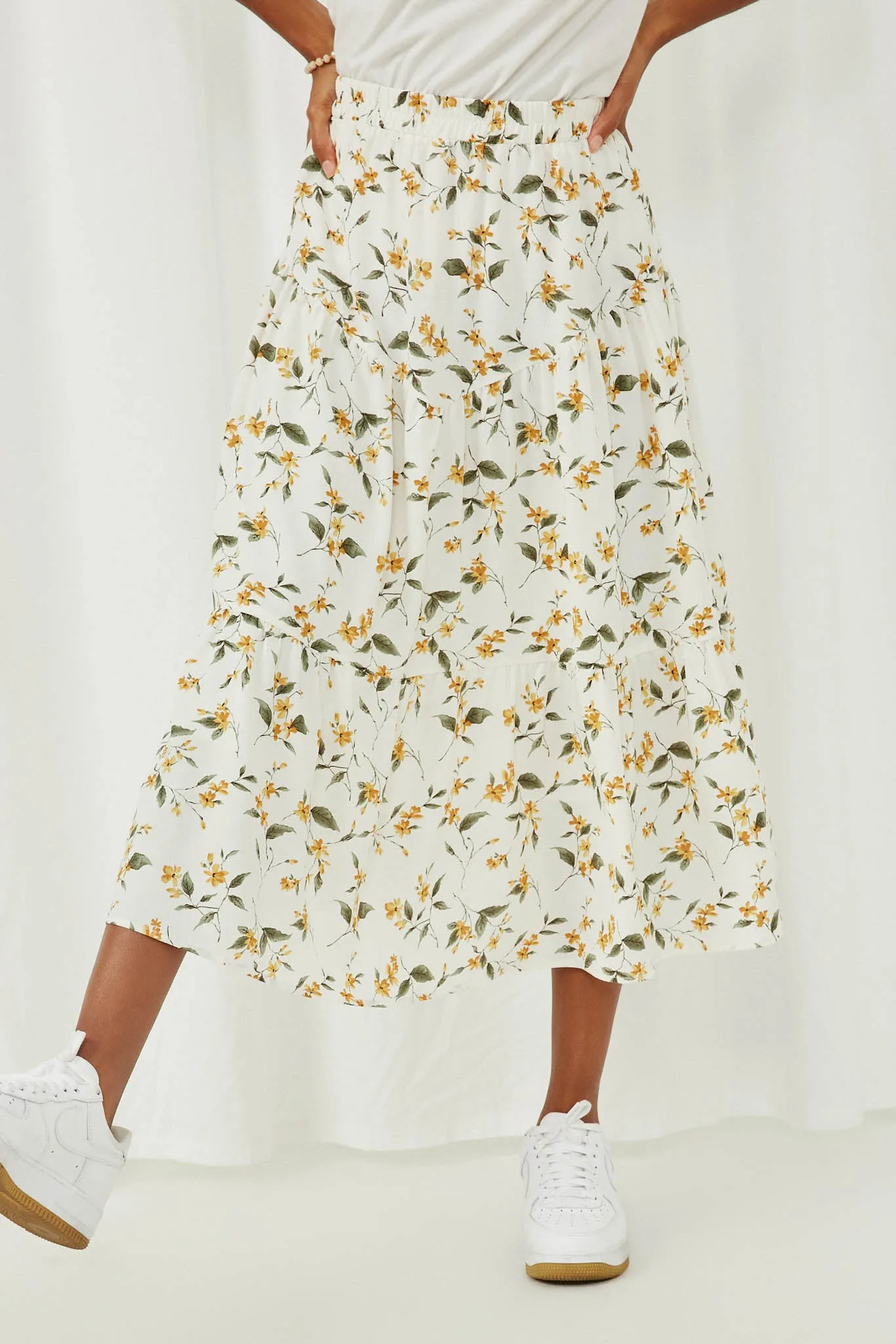 Floral Elastic Waist Midi Skirt