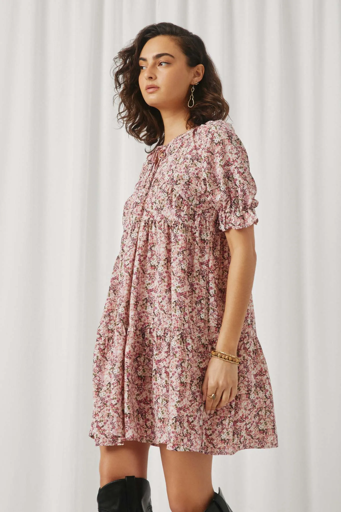 Floral Print Tie Neck Cinch Sleeve Dress